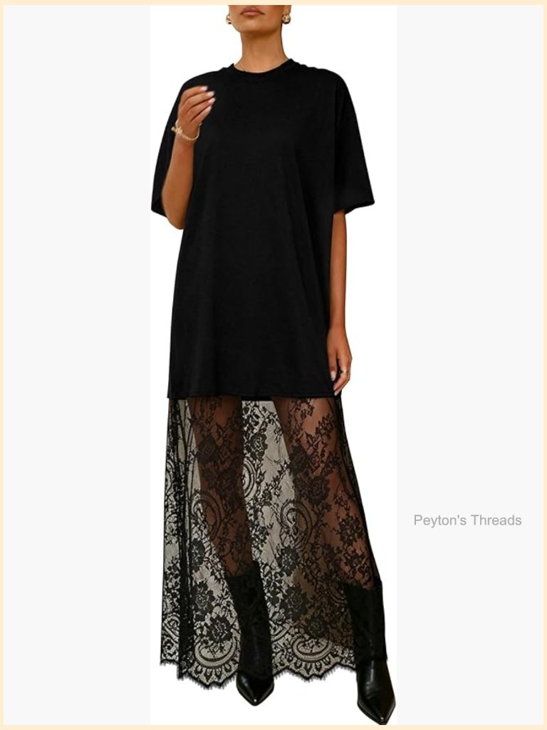 Short Sleeve Crewneck Lace Patchwork Maxi Dress T-Shirt Dress